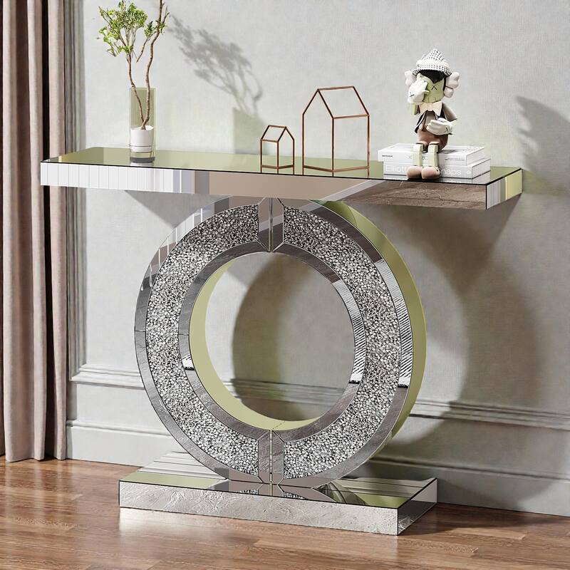Modern O-Shape Mirror Console Table with Crystal Base, Glossy Mirrored Entry Hall Table for Living Room & Bedroom