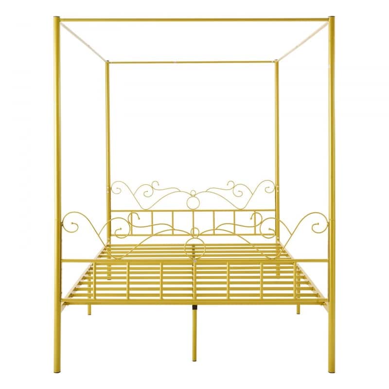 Gold Metal Queen Canopy Bed with Storage, Quiet Design and DIY Rails