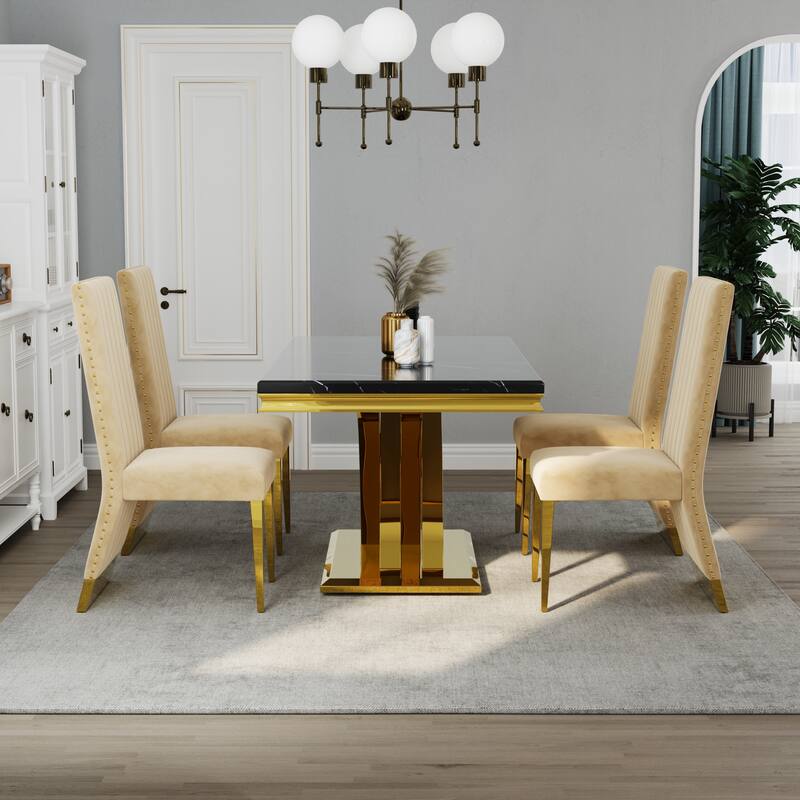Stylish Modern X Cross Base Dining Room Table Set with Gold Dining Chairs