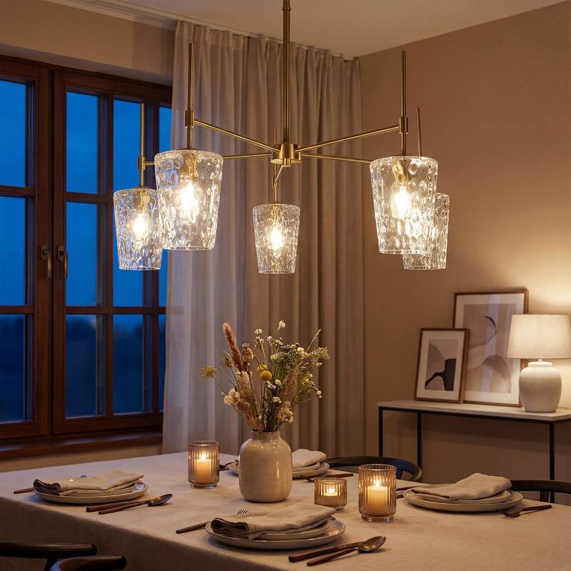 5-Light Modern Gold Chandelier with Ripple Glass Shades, Adjustable Height
