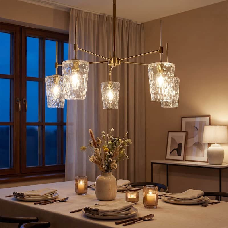 5-Light Modern Gold Chandelier with Ripple Glass Shades, Height-Adjustable Pendant - 31.5'' W × 31.5'' D × 89.2'' H - Gold + Clear