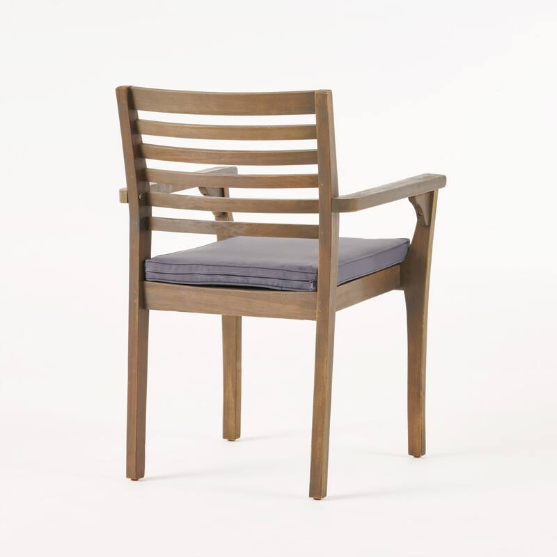 Dining Chair, Slatted Back, Modern, Teak Brown Acacia Wood, Gray Fabric