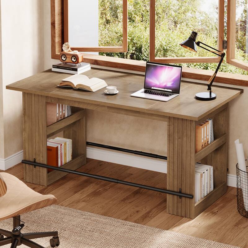 63 Inch Bar Table with Storage Shelves, Counter Height Pub Dining Table with Footrest - 62.99" L x 31.5" W x 37.4" H