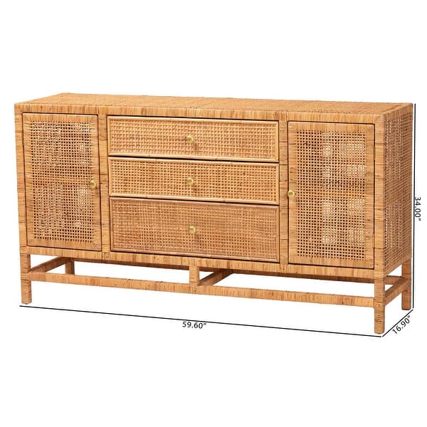 dimension image slide 1 of 2, Vivan Natural Rattan Storage Cabinet - 3-Drawer Handwoven Wicker Accent Cabinet with Interior Shelving and Elevated Base