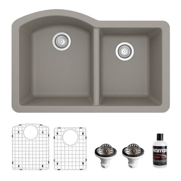 slide 10 of 66, Karran Undermount Quartz 32 in. 60/40 Double Bowl Kitchen Sink Kit Concrete