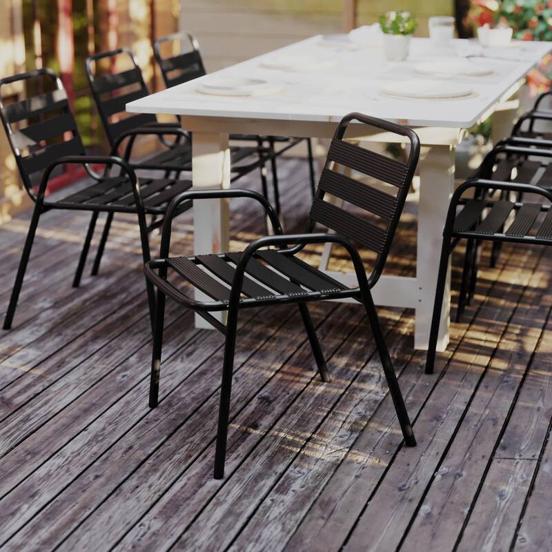 Commercial Indoor-Outdoor Restaurant Stack Chair with Slat Back and Arms