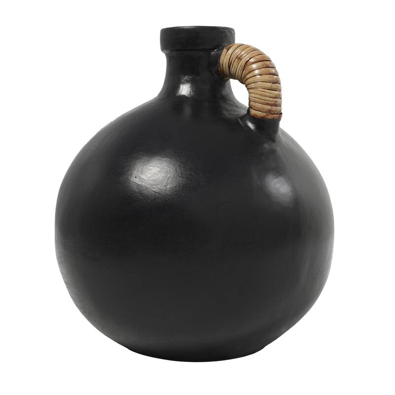 Ceramic Jug Inspired Decorative Vase with Rattan Wrapped Handle - Black or White - Roche River Decor