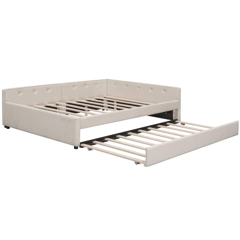 Roomfitters Full/Queen Size Upholstered Platform Bed with USB Port, Trundle Included, Beige