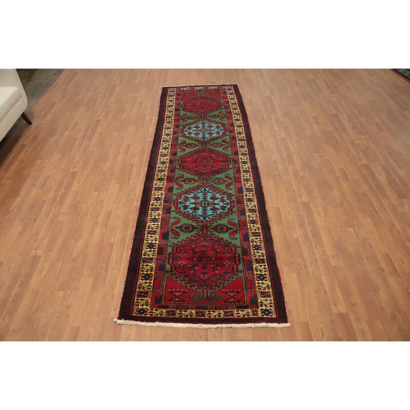 Hand Knotted Oriental 100% Wool Carpet Traditional Geometric Green Ardebil Runner Rug - 11' 2'' X 3' 4''