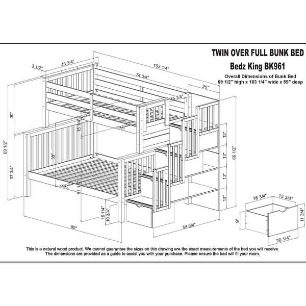 dimension image slide 2 of 4, Taylor & Olive Trillium Twin over Full Stairway Bunk Bed