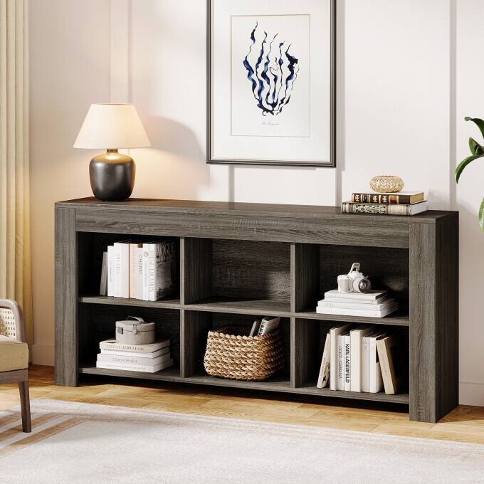 Horizontal Bookcase with 6 Cubes , Rustic Wood Bookshelf