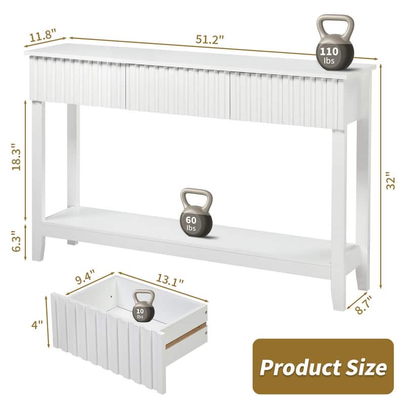 White 2-layer 3-draw MDF 130 * 30 * 81cm Grille Foyer Table