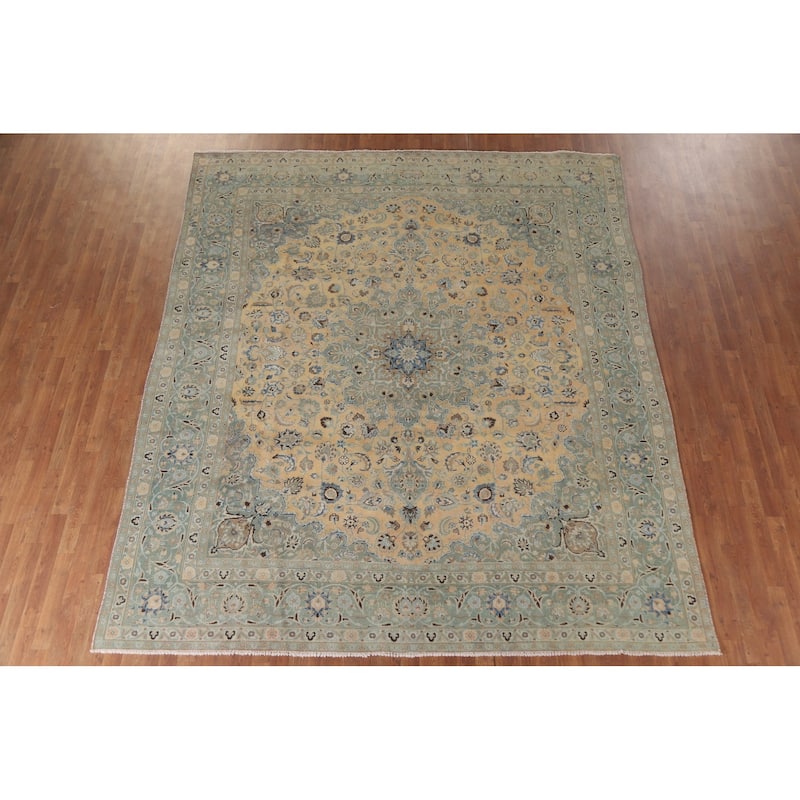 Hand Knotted Oriental 100% Wool Carpet Traditional Floral Oranges & Rust Mashad Area Rug - 10' 10'' X 9' 4''