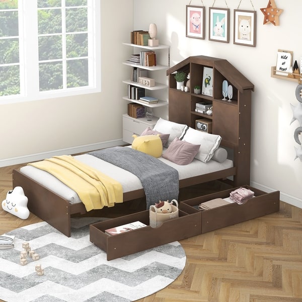 slide 2 of 10, Twin Size Platform Bed with 2 Drawers & Storage Headboard, House-Shaped Bedframe for Kids' Bedroom, No Spring Needed Required Walnut