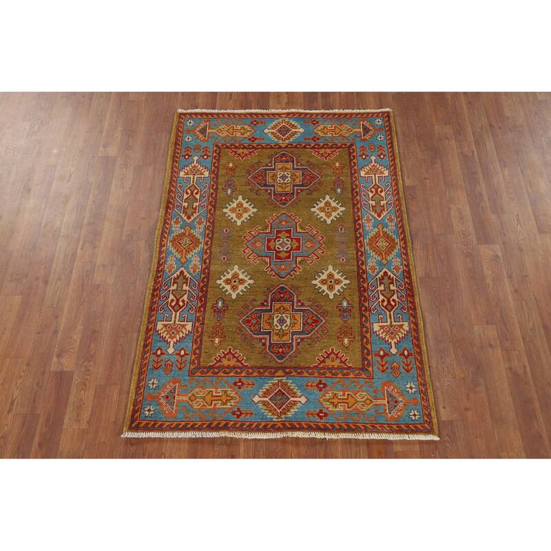 Kazak Accent Rug Handmade Yellow Geometric Wool Carpet - 3'4" x 4'10"