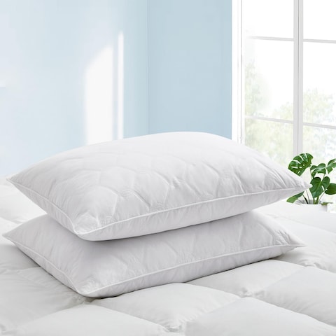 2 Pack Goose Feather and Down Quilted Firm Bed Pillows for Side & Back Sleepers - White
