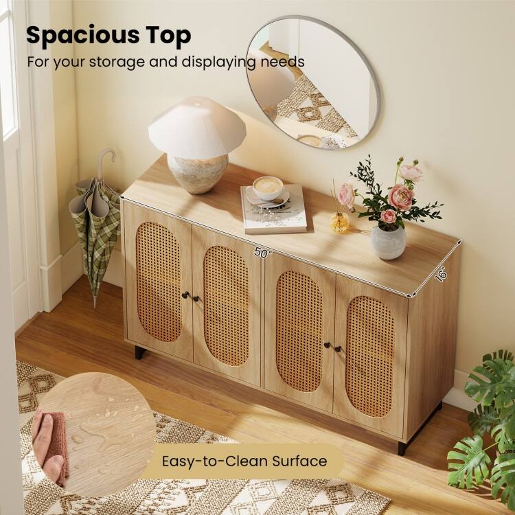 Natural Engineered Wood and Metal Buffet Sideboard with PE Rattan Doors - 50" × 16" × 32"