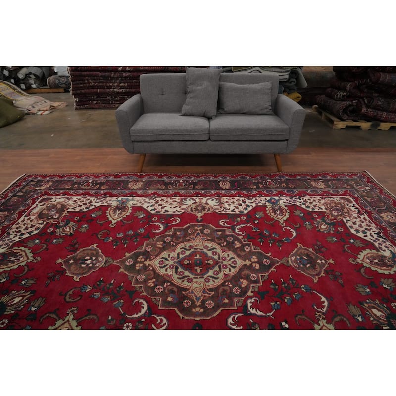 Hand Knotted Oriental 100% Wool Carpet Traditional Floral Red Heriz Area Rug - 11' 2'' X 7' 11''