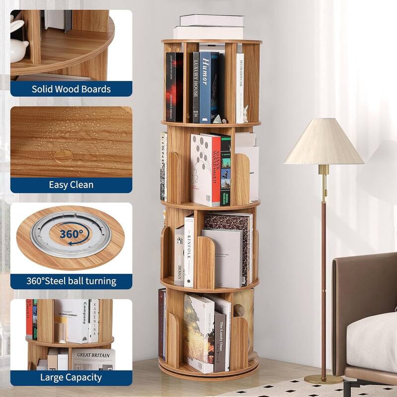 4 Tier 360° Rotating Space-Saving Natural Bookshelf - N/A