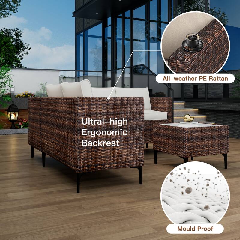 4-Piece Rattan Patio Set – Modular Sectional with Storage Box & Glass Table, Weather-Resistant for Outdoor Lounge,