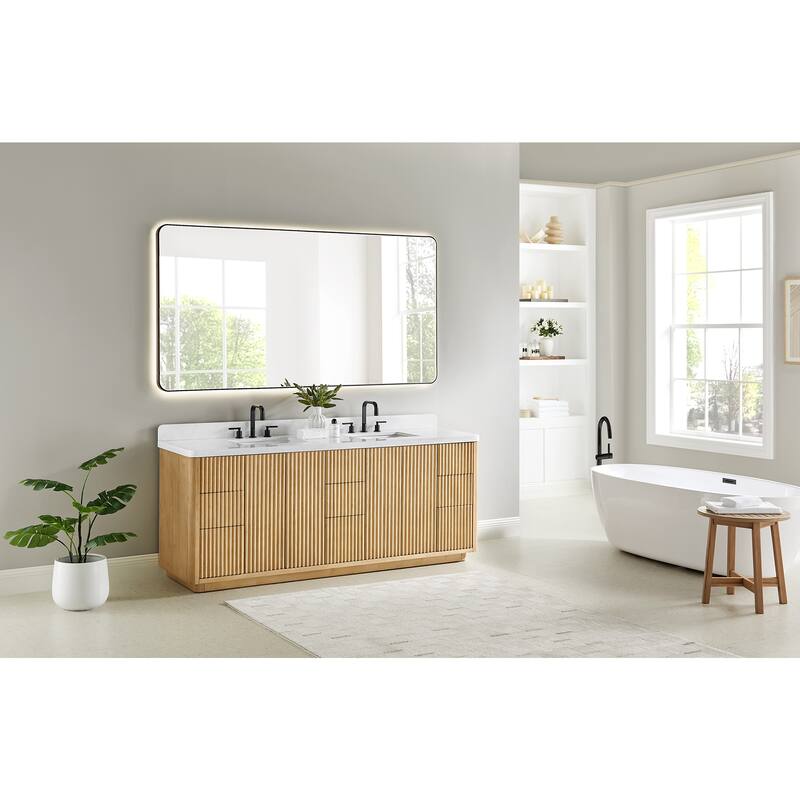 Clayton Bathroom Vanity in Washed Light Brown with Grain White Engineered Stone Countertop without Mirror