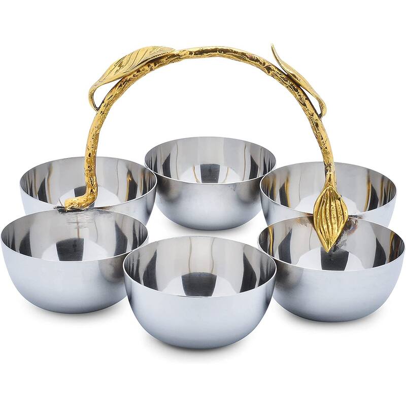 Berkware Shiny Polished Stainless Steel Six Sectional Serving Bowl with Gold Leaf Handle