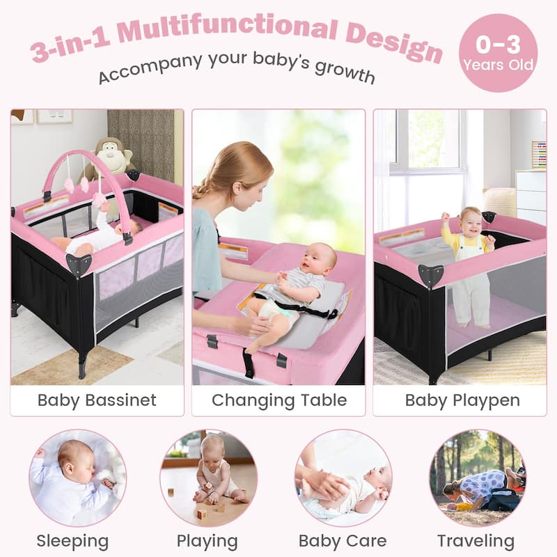 3-in-1 Kids Pack and Play with Changing Table Bassinet, Playpen and Toy Bar - 40.5" x 28" x 28"