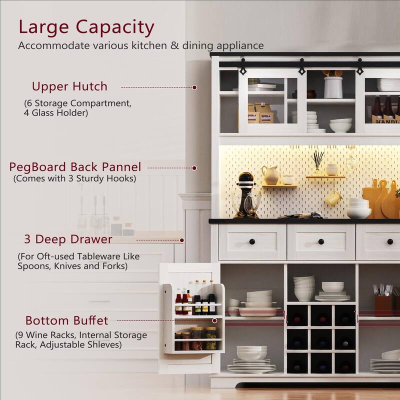 Versatile Bar Cabinet Sideboard Buffet Cabinet with DIY Pegboard, RGB Light, Power Outlets, Wine and Wine Glass Storage