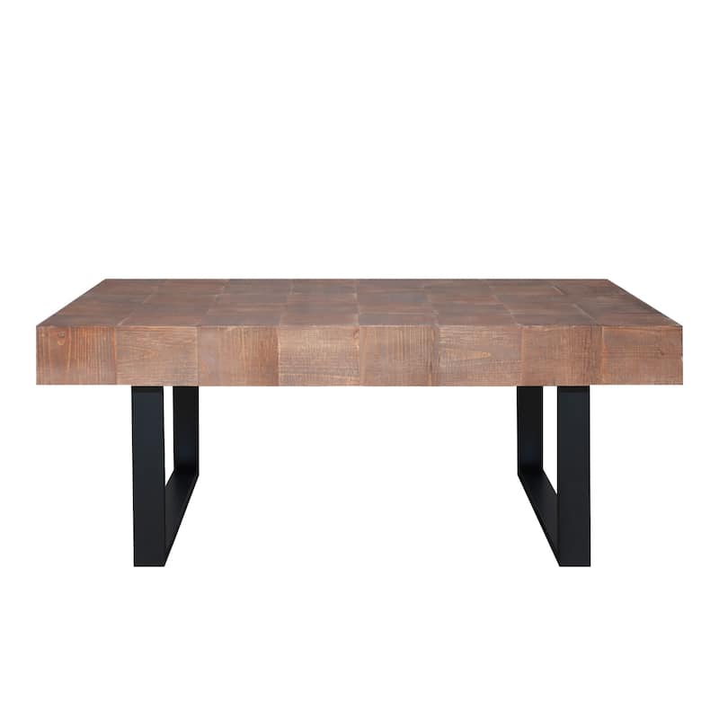 Rustic Industrial Handcrafted Coffee Table with Parquet-Style Surface and Black Metal Legs, Natural Wood Grain Finish