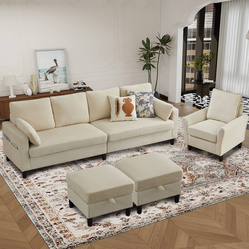 101"Corduroy 3 Piece Living Room Set Including 4 Seater Sofa ,2 Storage Ottoman and Chair - Beige