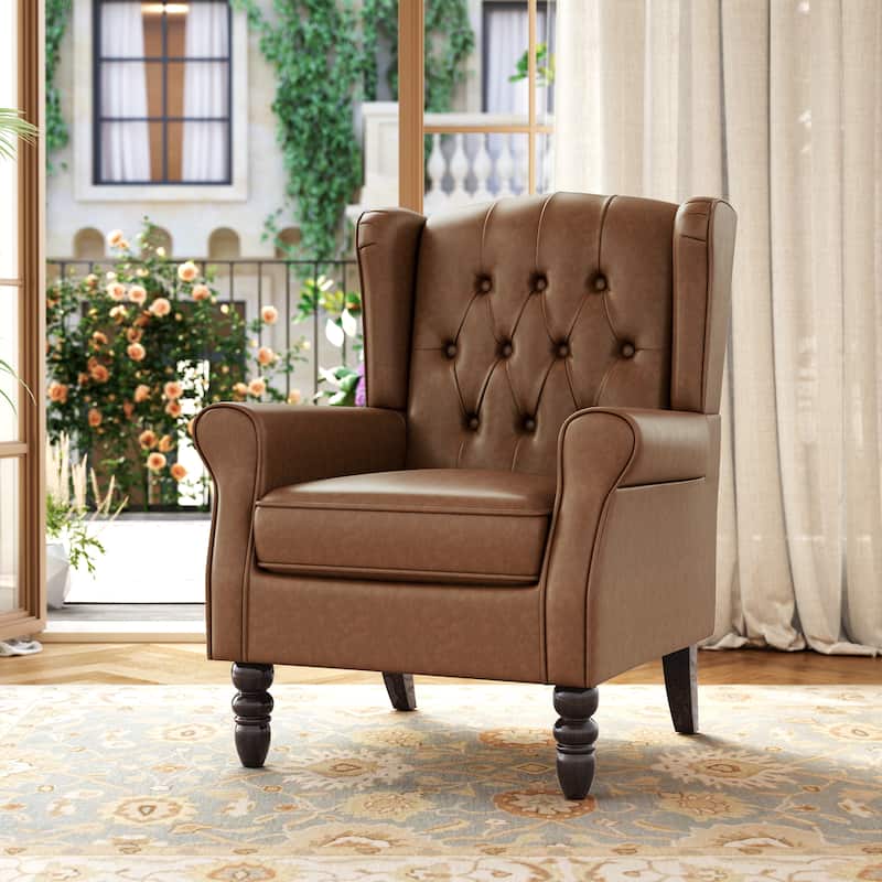 Tufted Wingback Upholstered Accent Chair for Living room - Brown Leather