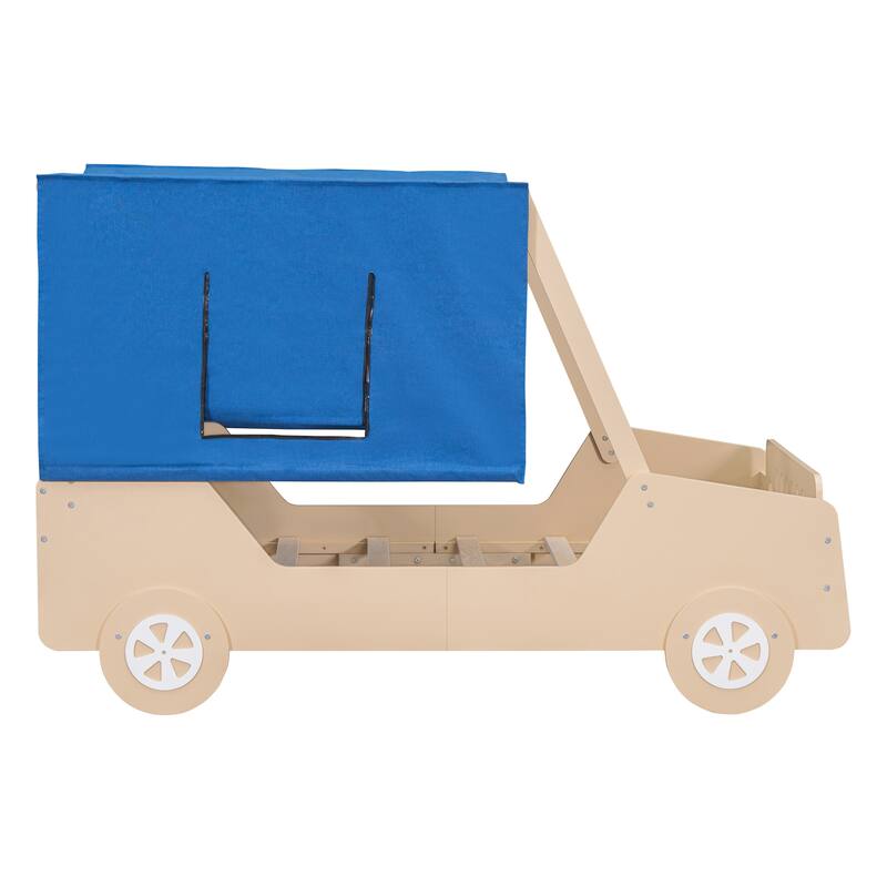 Twin Size Car Shaped Bed with Tents & Rugged Wheels, Sturdy Wooden Jeep
