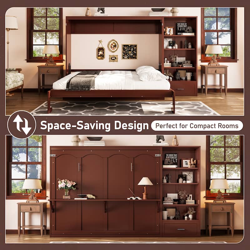 Roomfitters Queen Size Murphy Bed with Adjustable Storage Compartments and Shelf, Foldable Wall Bed with Drawer