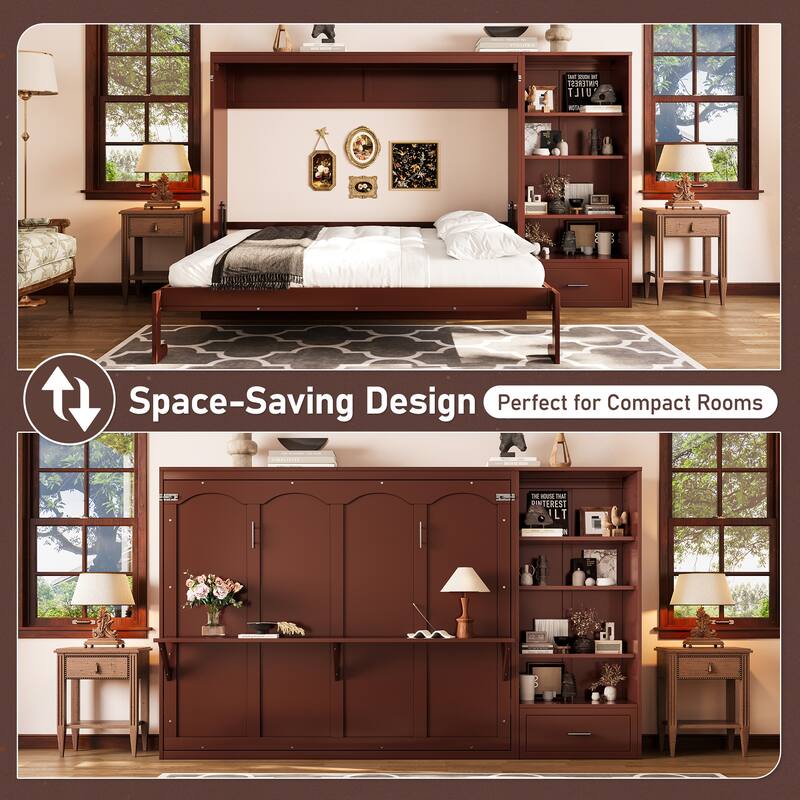 Space-Saving Queen Murphy Bed with Adjustable Storage Shelves & Drawer, Foldable Wall Bed for Small Spaces