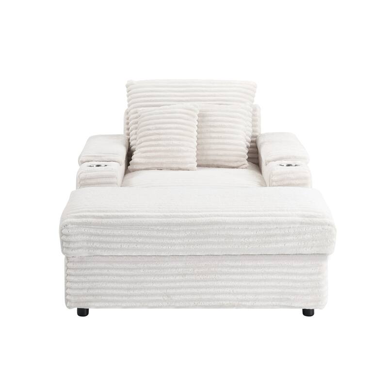 White Corduroy Single Sofa with Pillows and Ottoman
