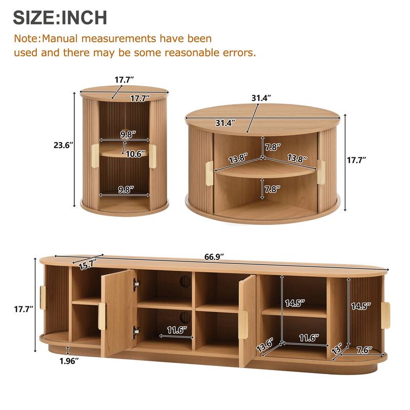 Fluted Sliding Door TV Stand & Coffee Table Set, Wooden Media Cabinet TV Console for TVs up to 75", 3-Piece Living Room Set