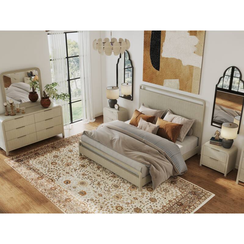 Roundhill Furniture Tavari 6-Piece Bedroom Set with Panel Bed, Dresser, Mirror, Two Nightstands, and Chest in Light Gray