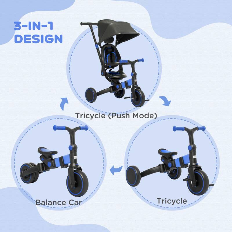 3-in-1 Toddler Tricycle with Adjustable Handle, Removable Canopy, Balance Bike for 18-48 Months