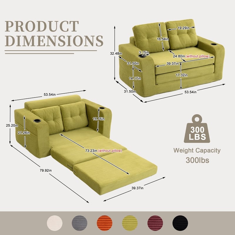 HOMEFUN 2 in 1 Convertible Sofa Bed,Corduroy Upholstered Compressed Sofa Bed for Living Room