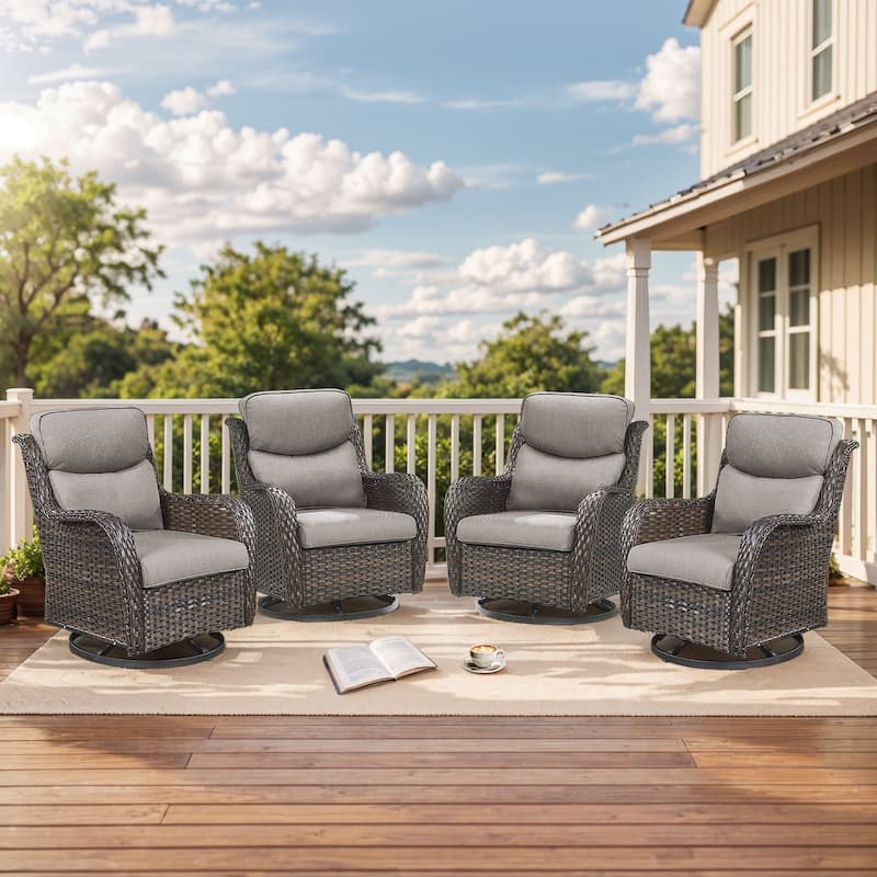 Outdoor Gliders Swivel Chairs Patio Chairs with 5-Inch Thick Cushions - Brown Rattan - Grey Cushion - 4PCS Glider Chairs