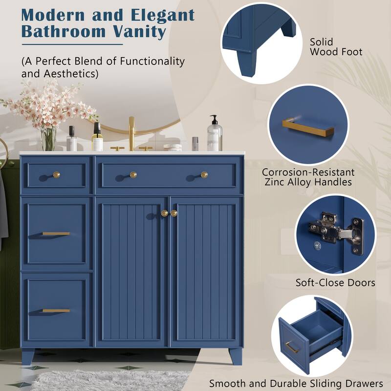 36" Bathroom Vanity with Ceramic Sink, Standard and Double-Layer Drawers, Soft Close Doors, Adjustable Shelves, Storage Cabinet