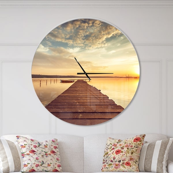 slide 2 of 10, Designart 'Sea Pier under Beautiful Cloudscape' Oversized Coastal Wall CLock