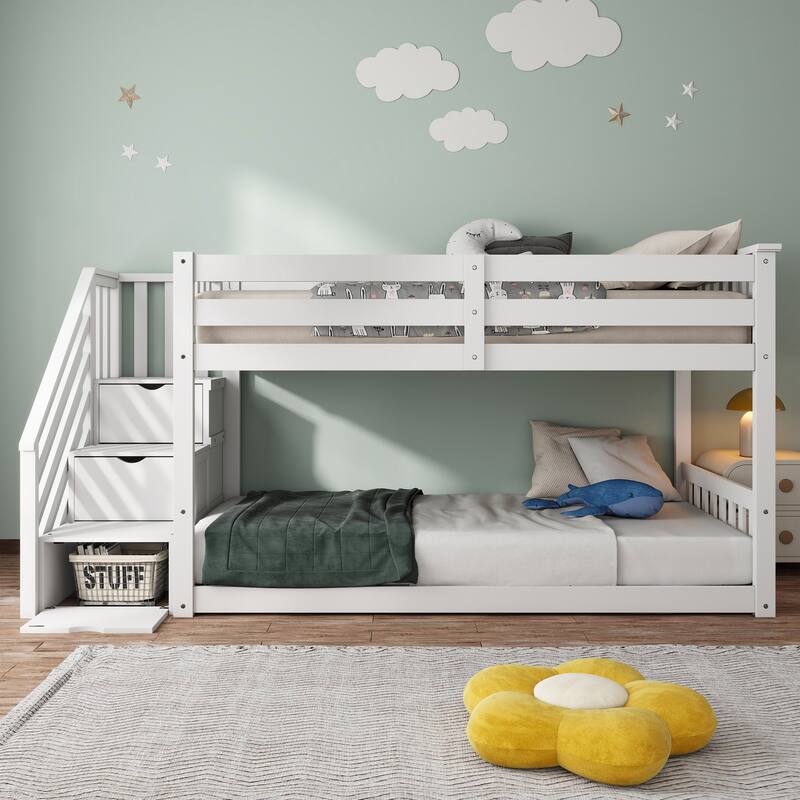Furniture of America Chalina Modern Pinewood Twin over Twin Low Profile Bunk Bed with 3-Drawer Reversible Storage Staircase