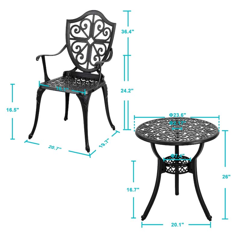 Cast Aluminum Bistro Table with Umbrella Hole and 2 Bistro Chairs - 24 inches round table