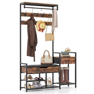 Rustic Brown Metal Hall Tree Bench with Hooks, Drawer, Shelves and Shoe Rack - 47.5" L x 12" W x 70" H