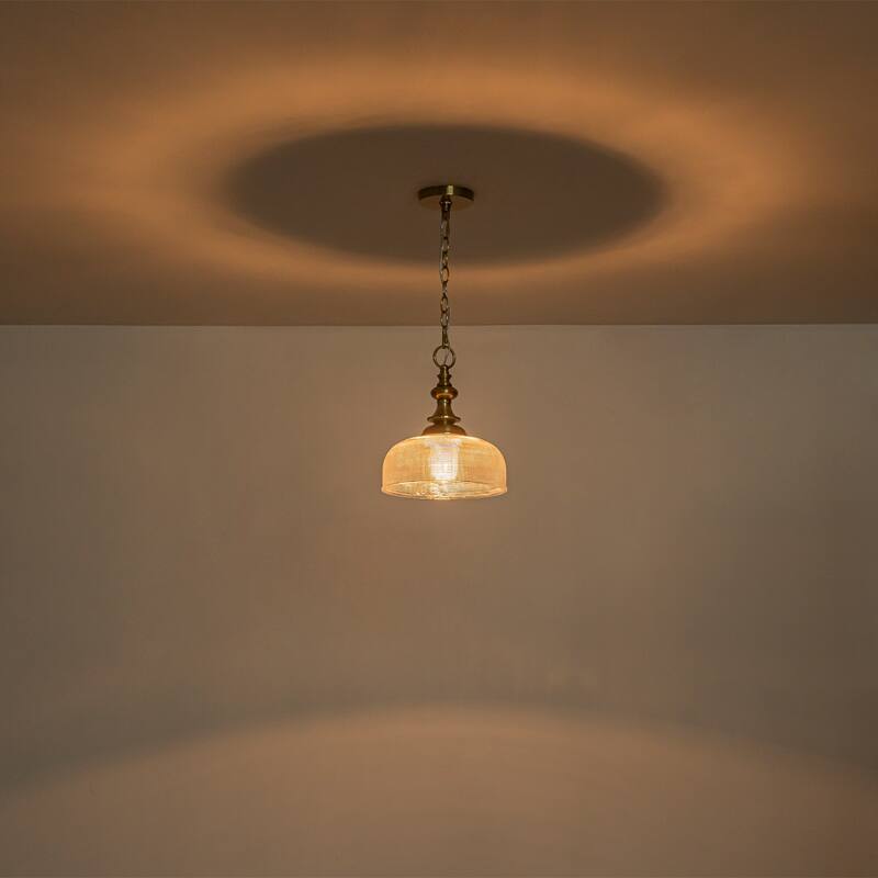 Mid-Century Modern 1-Light Gold Dome Pendant Light with Grid-Textured Glass for Kitchen Island Dining Room