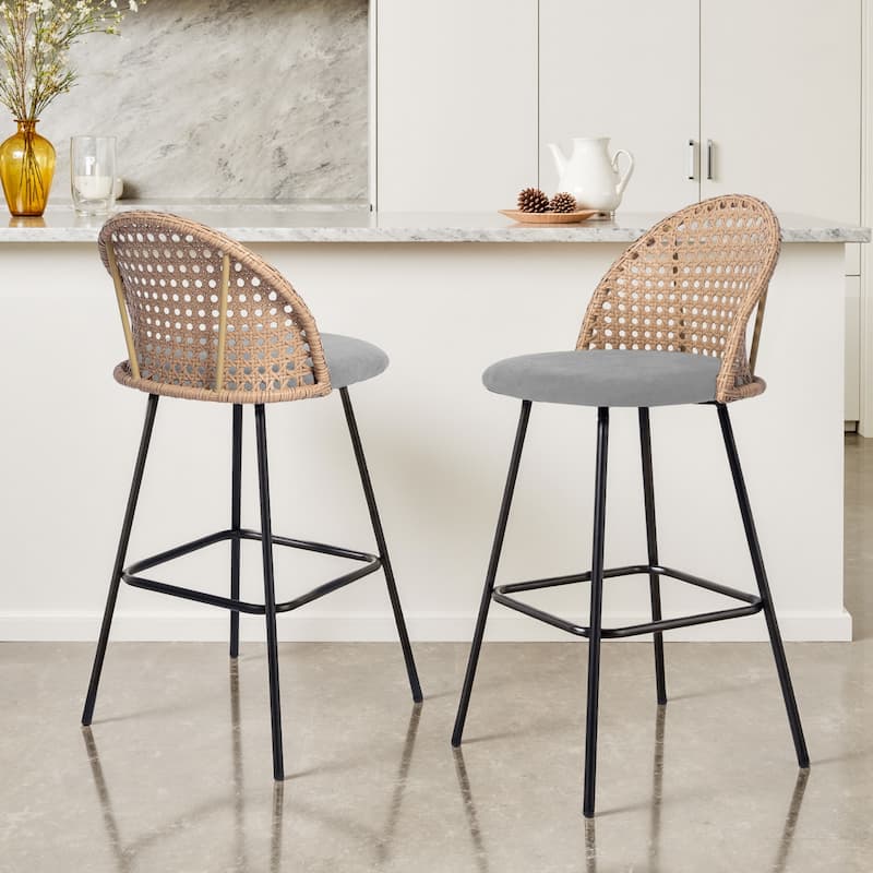 2 Set Rattan 27" Upholstered Chenille Full Back Counter Stool