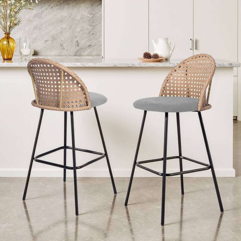 Coastal Rattan Back Counter Height Upholstered Bar Stools