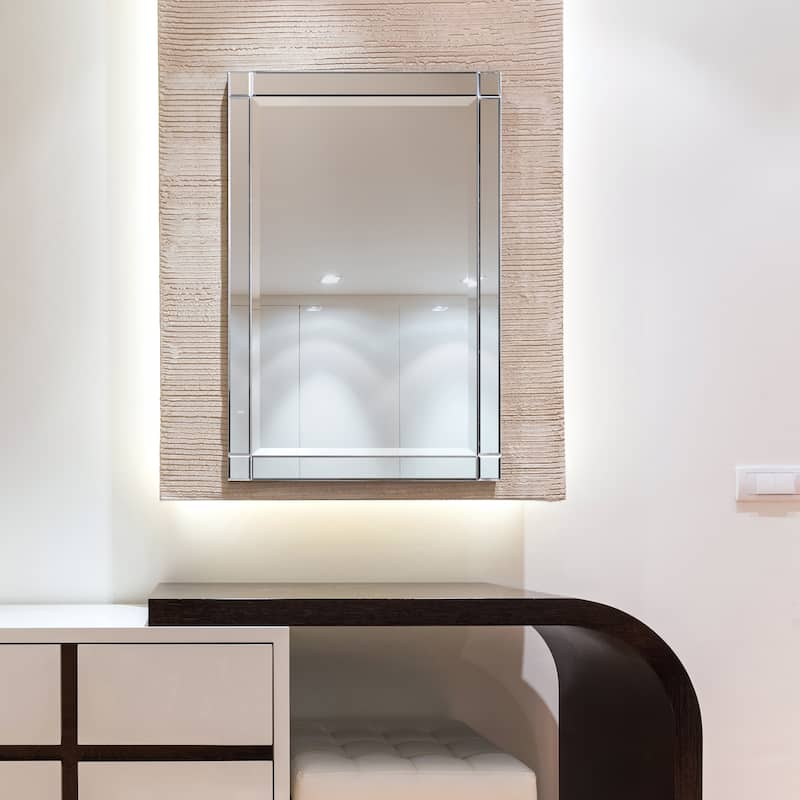 Moderno Squared Corner Beveled Rectangle Wall Mirror, Solid Wood Frame, 1"-Beveled Center Mirror, Ready to Hang - Clear