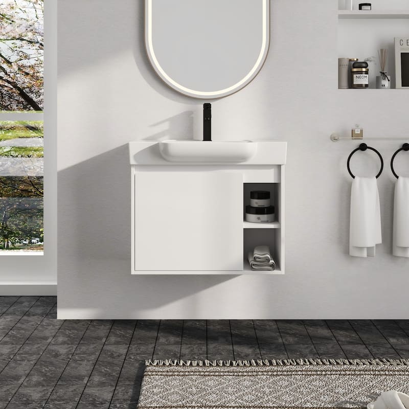 Malwee 24"/28" Floating Bathroom Vanity,Wall Mounted Bathroom Vanity with Ceramic Sink and Soft Close Door